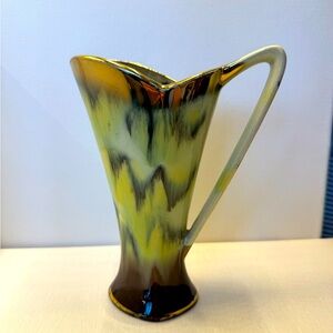 Mid century German green, yellow and black drip vase with gold rim.